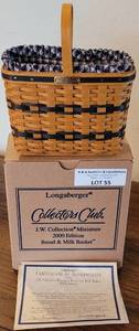 lot 55 image: LONGABERGER COLLECTORS CLUB J. W. COLLECTION MINIATURE 2000 EDITION BREAD & MILK BASKET IN STYLE, COLOR, AND CONDITION SHOWN.