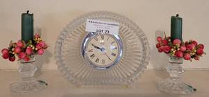 lot 73 image: MIKASA GLASS MANTLE CLOCK PLUS CANDLE HOLDERS AS SHOWN.