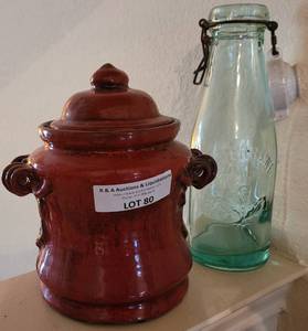 lot 80 image: HYDRANT STYLE COOKIE JAR AND VINTAGE GLASS BOTTLE AS SHOWN.
