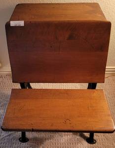 lot 113 image: VINTAGE A.S. CO CAST WOOD WITH CAST IRON FRAME CHILDRENS SCHOOL DESK IN STYLE, COLOR, AND CONDITION SHOWN.