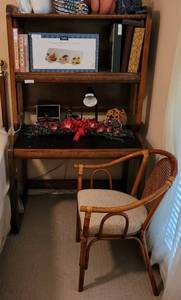 lot 145 image: WOODEN DESK WITH HUTCH PLUS CHAIR IN STYLE, COLOR, AND CONDITION SHOWN. CONTENTS NOT INCLUDED
