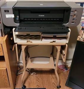lot 184 image: CANON PRO 9000 MARK II PRINTER PLUS PAPER SORTER RACK AND METAL CART AS SHOWN. PRINTER IS STILL PLUGGED IN.