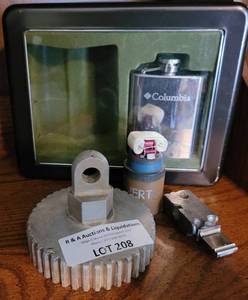 lot 208 image: ASSORTED IRON PIECES AND FLASK AS SHOWN.