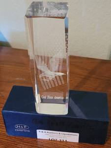 lot 211 image: H & F GOD BLESS AMERICA GLASS PAPER WEIGHT IN BOX AS SHOWN.