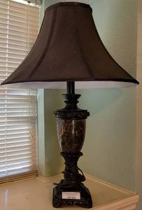 lot 212 image: MARBLE WITH METAL BASE LAMP WITH SHADE IN STYLE, COLOR, AND CONDITION SHOWN.