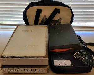 lot 214 image: LOT OF BIBLES INCLUDING A VINTAGE BIBLE IN ORIGINAL BOX AS SHOWN.