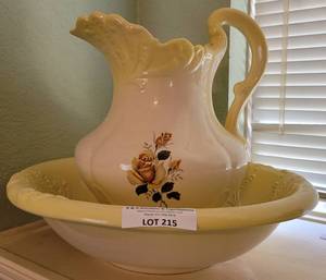lot 215 image: VINTAGE IRONSTONE ENGLAND 1890 PITCHER AND WASH BASIN SET IN STYLE, COLOR, AND CONDITION SHOWN.