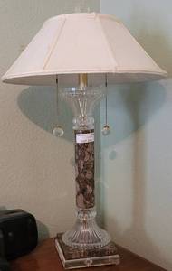 lot 216 image: MARBLE AND GLASS LAMP WITH SHADE IN STYLE, COLOR, AND CONDITION SHOWN.