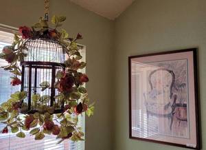 lot 226 image: FRAMED PRINT AND DECORATIVE BIRD CAGE AS SHOWN.