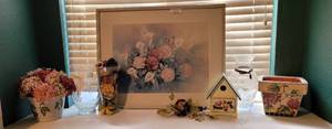 lot 230 image: FRAMED PRINT PLUS HOME DECOR AS SHOWN.
