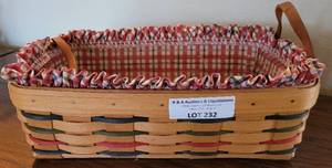 lot 232 image: LONGABERGER COLLECTORS CLUB 2000 EDITION TAPERED TRAY  MEDIUM BIN BASKET IN STYLE, COLOR, AND CONDITION SHOWN.