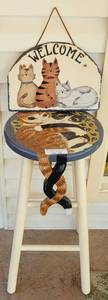 lot 241 image: CAT THEMED STOOL AND WALL DECOR AS SHOWN.