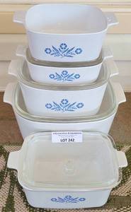 lot 242 image: LOT OF 5 VINTAGE CORNING WARE BAKEWARE DISHES IN STYLE, COLOR, AND CONDITION SHOWN. YOUR BID X 5