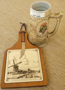 lot 263 image: SCHLITZ 125TH ANNIVERSARY COMMEMORATIVE BEER STEIN PLUS CHEESE CUTTING BOARD SET AS SHOWN.