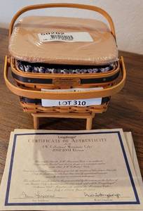lot 310 image: LONGABERGER COLLECTORS CLUB J. W. COLLECTION MINIATURE 2002-2003 EDITION CAKE BASKET IN STYLE, COLOR, AND CONDITION SHOWN.