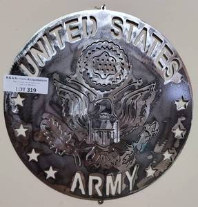 lot 319 image: METAL U. S. ARMY THEME WALL DECOR AS SHOWN.