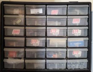 lot 328 image: 24 COMPARTMENT STORAGE CASE WITH CONTENTS INCLUDING HARDWARE AS SHOWN.