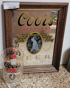 lot 408 image: VINTAGE FRAMED COORS ADVERTISING PUB MIRROR AND FOOTED GLASS AS SHOWN.