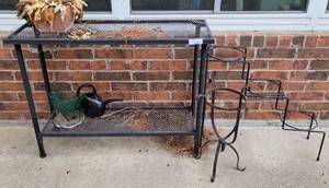 lot 417 image: METAL PATIO PLANT TABLE AND HOLDERS AS SHOWN.