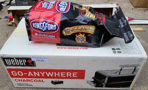 lot 424 image: WEBER GO-ANYWHERE CHARCOAL GRILL 121020 IN UNOPENED BOX AS SHOWN PLUS BAG OF CHARCOAL.