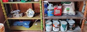 lot 435 image: LOT OF 2 WOOD SHELVES AS SHOWN. CONTENTS NOT INCLUDED. DELAYED PICK UP BETWEEN 200 P.M. AND 400 P.M.
