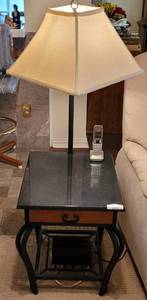 lot 32 image: MARBLE TOP ACCENT TABLE WITH LAMP IN STYLE, COLOR, AND CONDITION SHOWN.