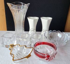 lot 212 image: LOT OF MIKASA ASSORTED ITEMS AS SHOWN.ALL MARKED. INCLUDES MIKASA LOVE STORY HEART SHAPED PORCELAIN CANDLESTICKS 6H