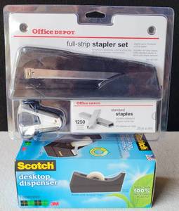 lot 225 image: OFFICE DEPOT FULL-STRIP STAPLER SET AND SCOTCH DESKTOP TAPE DISPENSER IN NEW, UNOPENED PACKAGES AS SHOWN.