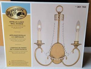 lot 228 image: HAMPTON BAY ESTELLE 2 LIGHT WALL SCONCE 361-763 IN NEW, UNOPENED BOX AS SHOWN.