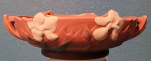 lot 1 image: Vintage 1939 Roseville Pottery Pink Iris Console Low Bowl 361-8 as shown. Approx. 9.5 W x 2.75 H.