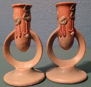 lot 5 image: Lot of 2 Vintage 1930s Roseville Pottery Fuchsia Pattern Candlesticks #1135-5 Pink as shown. Approx. 5 34 H each. (Your Bid x2)