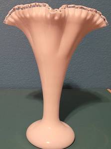 lot 8 image: Vintage Fenton Ruffle Edge Vase as shown. Vase has a small crack, see last image. Approx. 9 W x 12 H.