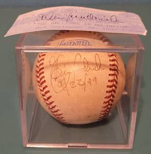 lot 11 image: 1999 SIGNED BASEBALL AND GAME TICKET IN ACRYLIC DISPLAY BOX AS SHOWN.