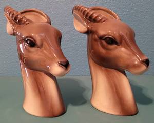 lot 18 image: Vintage Pair of 1950 Royal Copley Deer Planter as shown. (Your Bid x2) Approx. 8 W x 8.75 H x 3.5 D each.