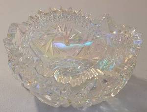 lot 39 image: Heavy Press Glass Bowl as shown. Approx. 7.5 W x 3.5 H.