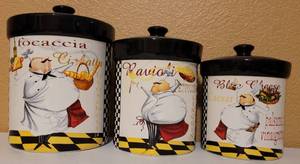 lot 64 image: Lot of 3 Certified International Chef Special Canisters in style, color, and condition shown. 5.75 W x 7.5 -- 7.5 W x 10.25 H. (Your Bid x 3)