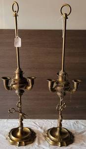 lot 115 image: LOT OF 2 VINTAGE HEAVY BRASS CANDLE HOLDERS WITH SCISSOR STYLE SNUFFERSWICKER TRIMMERS IN STYLE SHOWN. EACH APPROX. 6 W x 24 H. (YOUR BID X 2)