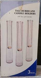lot 117 image: SET OF 3 TALL HURRICANE CANDLE HOLDERS IN BOX AS SHOWN.