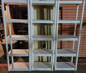 lot 249 image: LOT OF 3 PLASTIC SHELVES IN STYLE, SIZE SHOWN. DISASSEMBLED. (YOUR BID X 3)