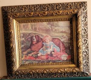 lot 125 image: LARGE 27.75 W x 24.5 H VINTAGE FRAME WITH PICTURE IN STYLE, COLOR, AND CONDITON SHOWN.
