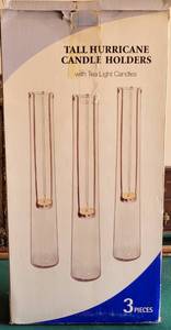 lot 128 image: SET OF 3 TALL HURRICANE CANDLE HOLDERS IN BOX AS SHOWN.