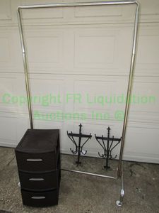 lot 119 image: Metal wall sconce coat hangers, clothing rack and storage drawer
