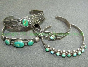 lot 146 image: Vintage Fred Harvey Style Turquoise Cuff Bracelets. Not Sterling No Marks. 4 total