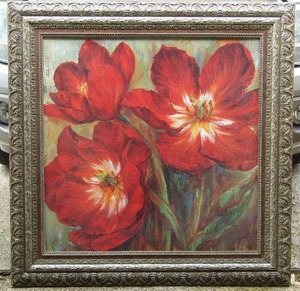 lot 105 image: Embossed canvas print Large Flowers signed ornate framed 46 x 46