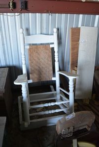 lot 47 image: Painted Wood Rocker with Curved Wicker Cane Back, missing seat  (31x48x36,  Seat Dimensions 22x24x16)