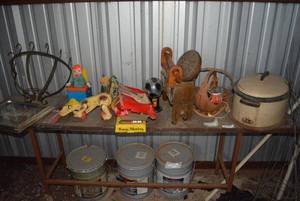 lot 74 image: Metal Frame Wood Top Table  80x18x29 (CONTENTS NOT INCLUDED)
