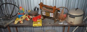 lot 72 image: Mix Lot of 70s Items Clocks, LARGE Slow Cooker, Paper Towel Holders, Pull Along Dog Toy