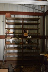 lot 77 image: 2 Metal Shelves and Contents, 36x99x18 each  includes old 4 barrel carburetor and door handles (Vintage Radios NOT Included)