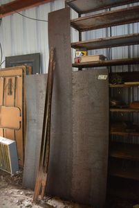 lot 78 image: Metal Sheeting 4x8 with 2- 18x31 Cut Outs aprox 17-14 gauge, 3 Fence T Bars