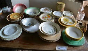 lot 89 image: Vintage Dishes Japan and US Made, Mixed Color Flower Plate Set from Montgomery Ward